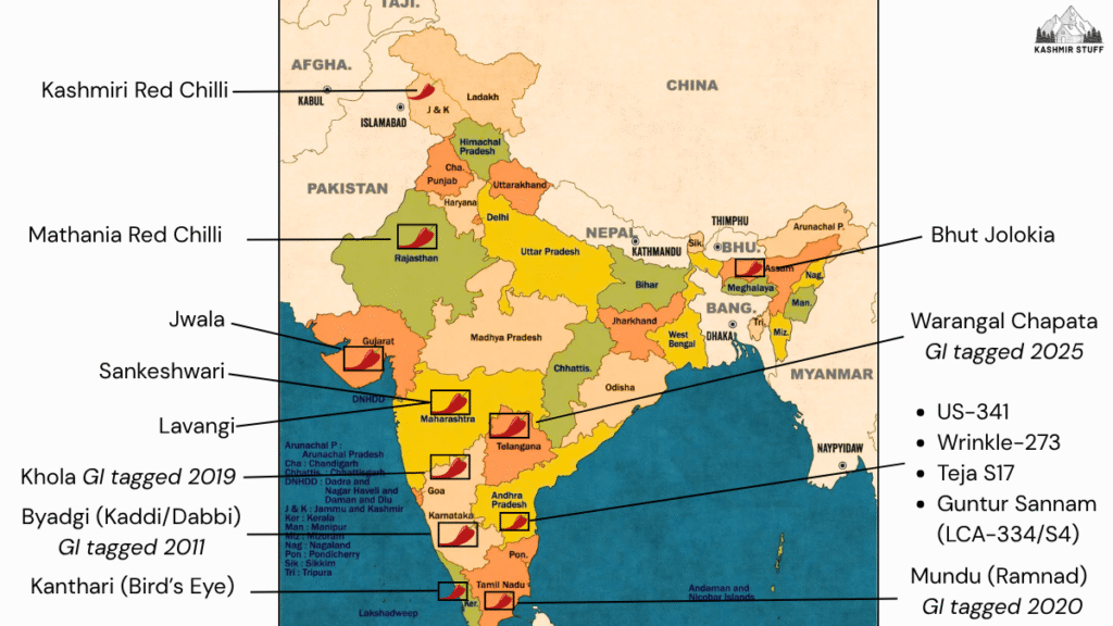 Map of India showing famous regional red chillies