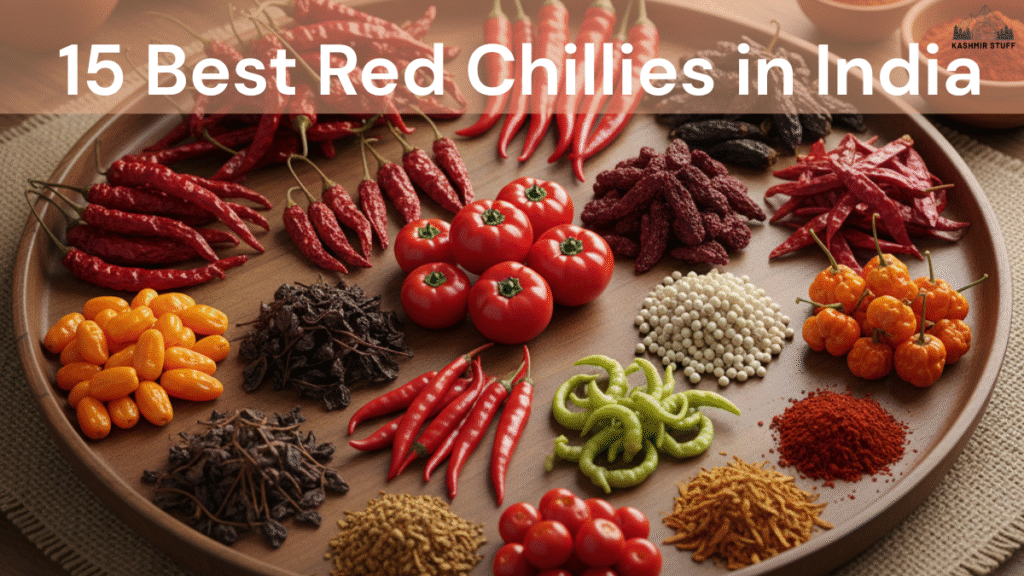 Different varieties of Indian red chillies on a round tray