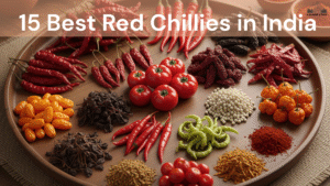 Different varieties of Indian red chillies on a round tray