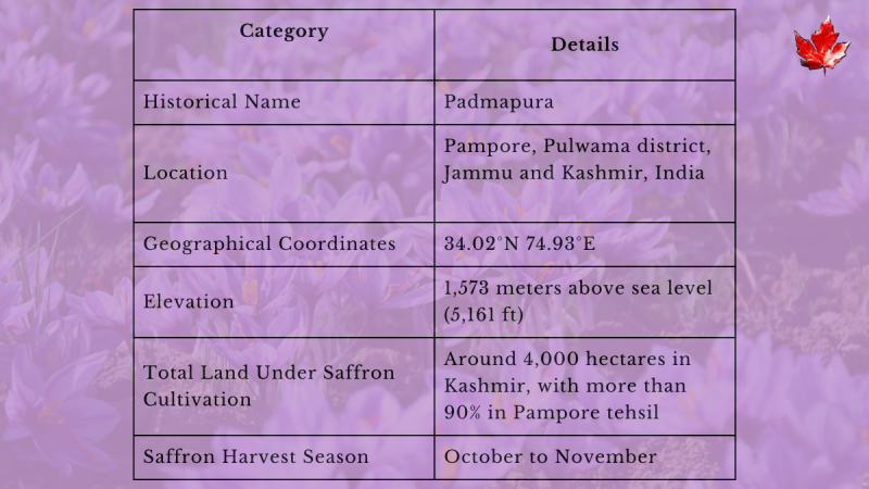 A table displaying key details about Kashmiri saffron